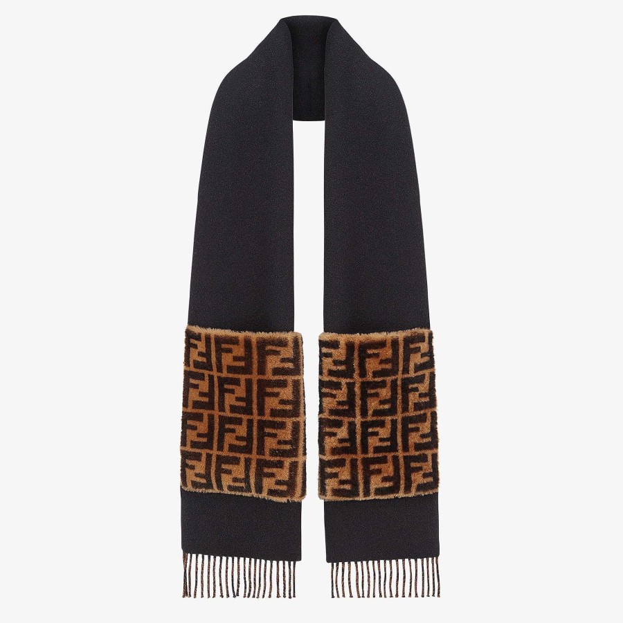 Women Fendi Scarves & Ponchos | Touch Of Fur Scarf Black