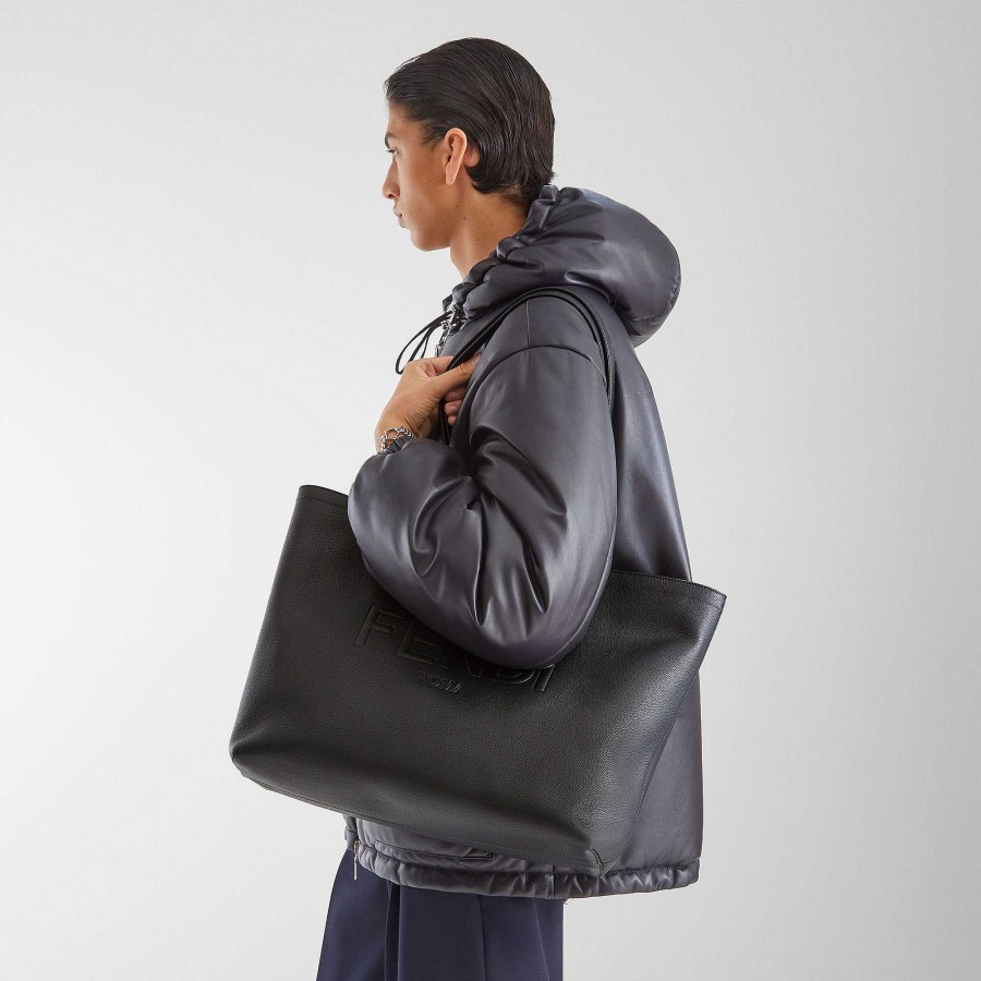 Men Fendi Tote Bags | Fendi Roma Leather Shopper Black