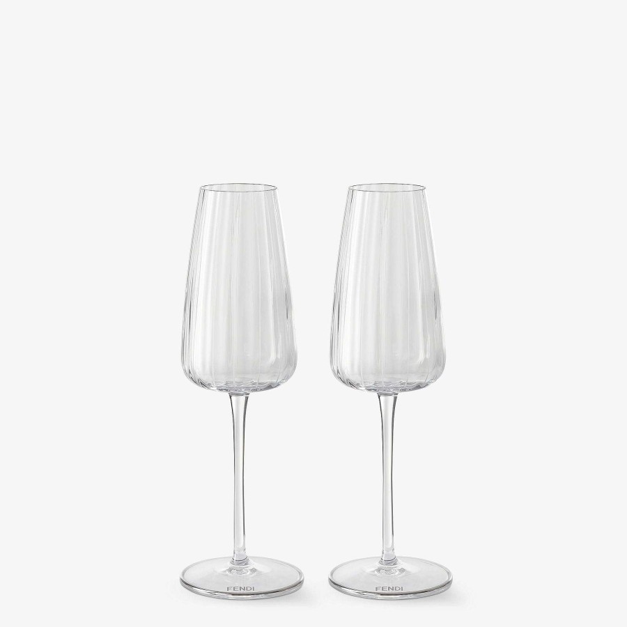 Home Decor & Lifestyle Fendi | Set Of Fendi Roma Flute Glasses Transparent