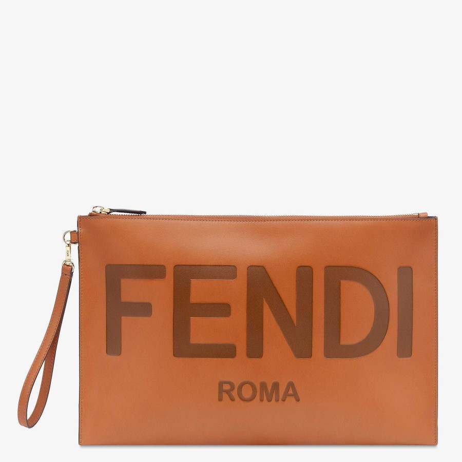 Women Fendi Pouches | Fendi Roma Flat Pouch Large Brown