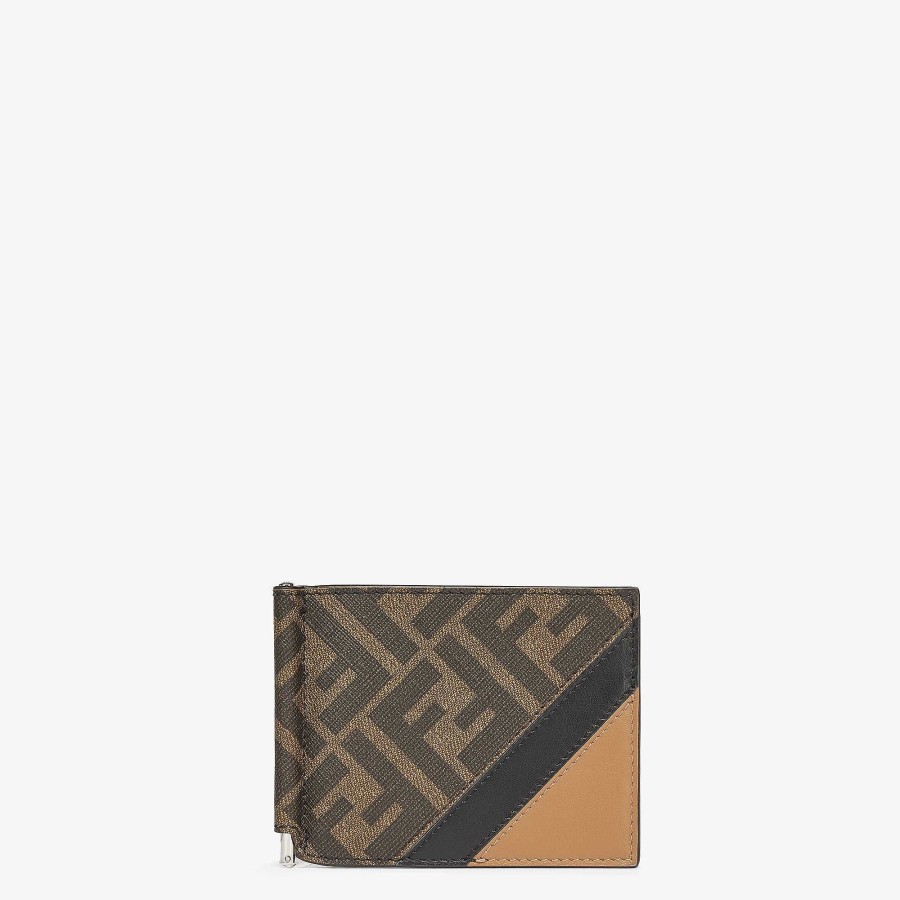 Men Fendi Wallets | Fendi Diagonal Card Holder Brown